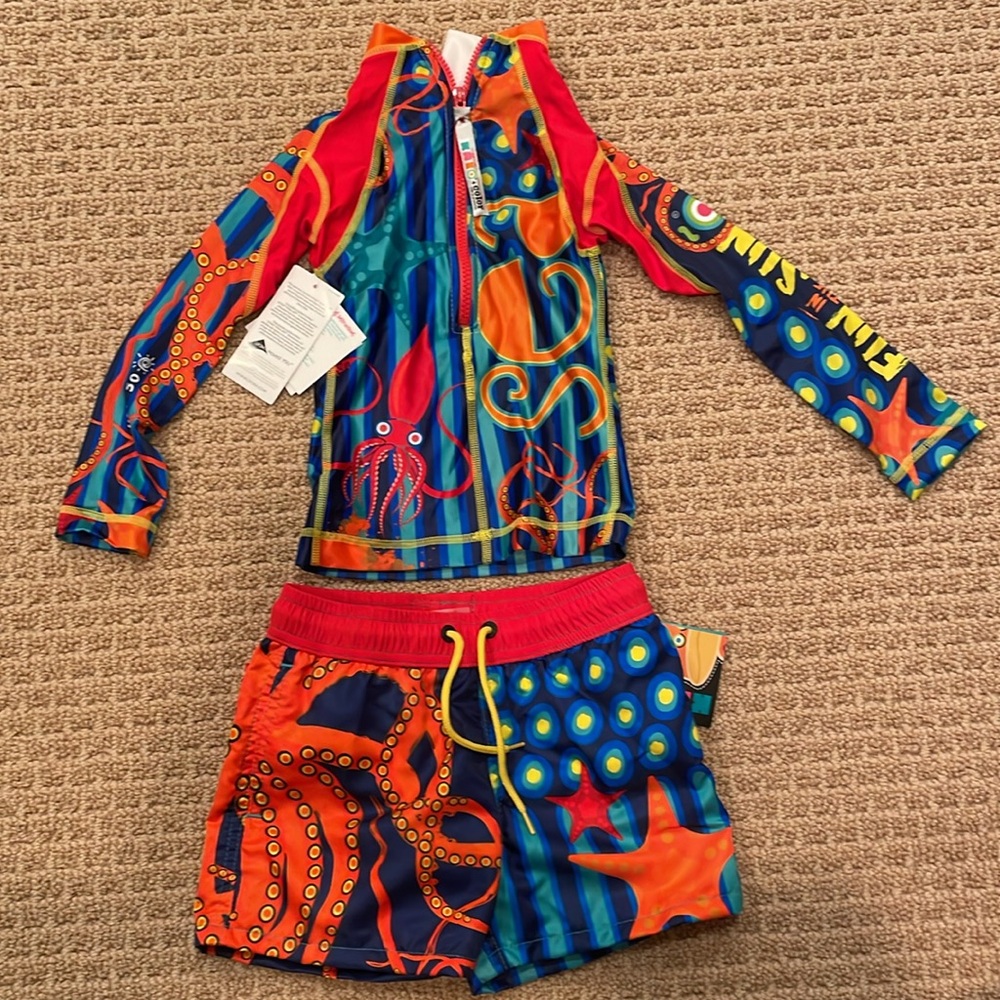 NWT KRIO boys swim trunks and rash guard. size XS